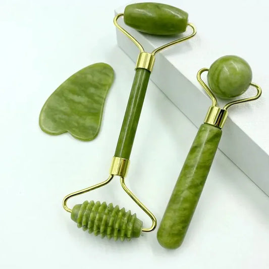 SereniJade Harmony Set: Natural Jade Roller Massager with Double-End Gua Sha for Face, Body, Back, and Foot Massage