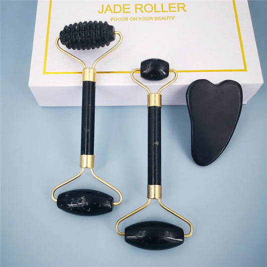 EternalGlow Obsidian Beauty Set: Jade Roller Massager, Gouache Scraper, and Lifting Massagers for Face and Body Care